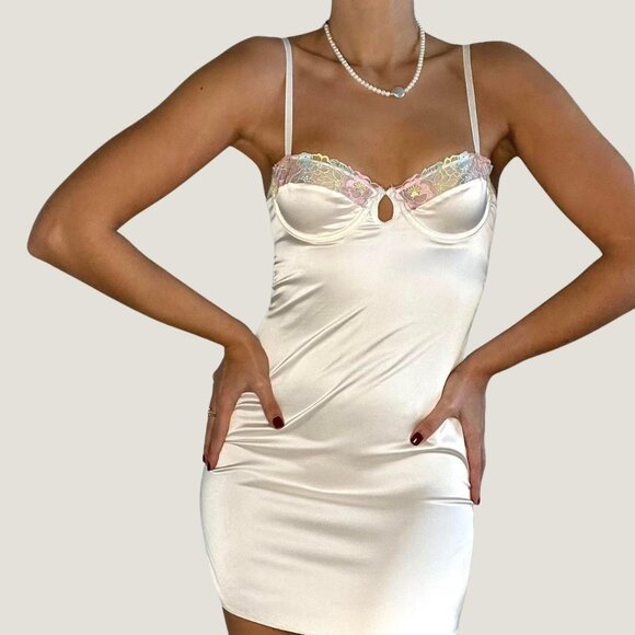 Cream satin silk lingerie backless slip dress floral lace trim bustier | Size S - Picture 1 of 8